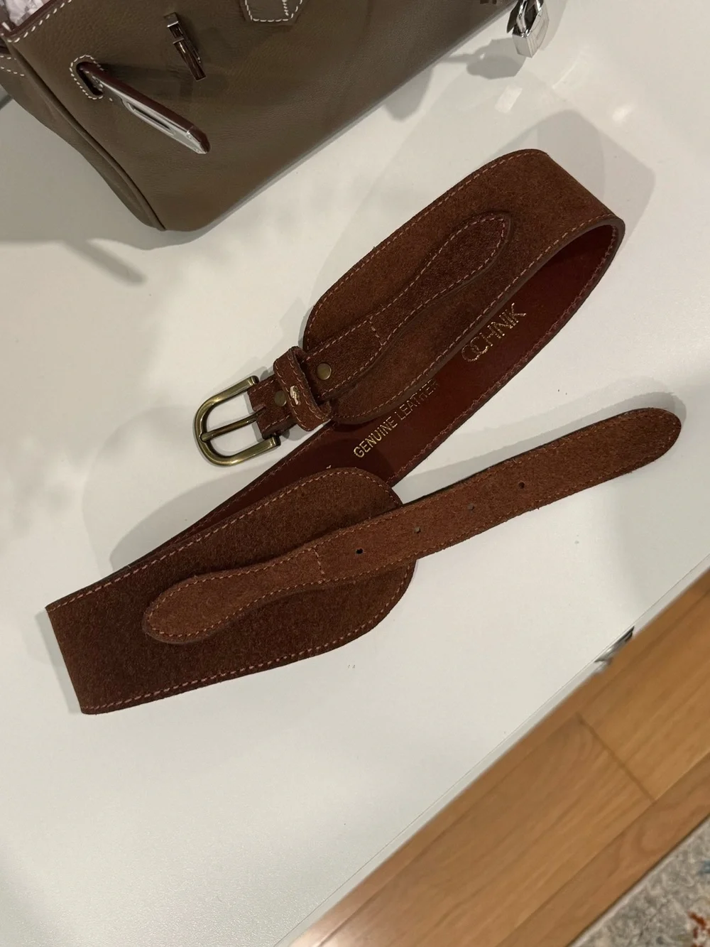 Women's Brown Suede Leather Belt with Brass Buckle